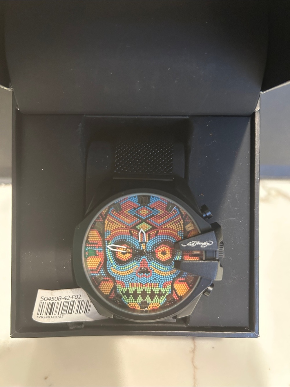 NEW in Box Ed Hardy Black Watch with Multicolor Beaded Skull Dial
